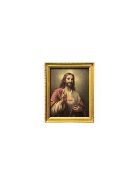 Vintage Distressed Gold Framed Sacred Heart Jesus Framed Art